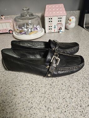 Coach Black Leather Women's Slip-On Loafers with Buckle Detail